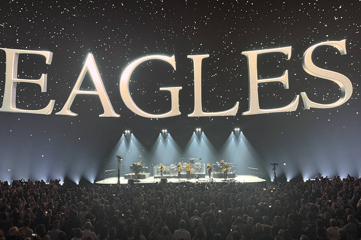 The Eagles are shown at the end of their show at Sphere on Saturday, Jan. 31, 2026. (John Katsi ...