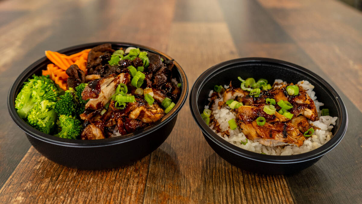 A vegetable rice bowl and a mini chicken rice bowl from WaBa Grill, which is opening its third ...