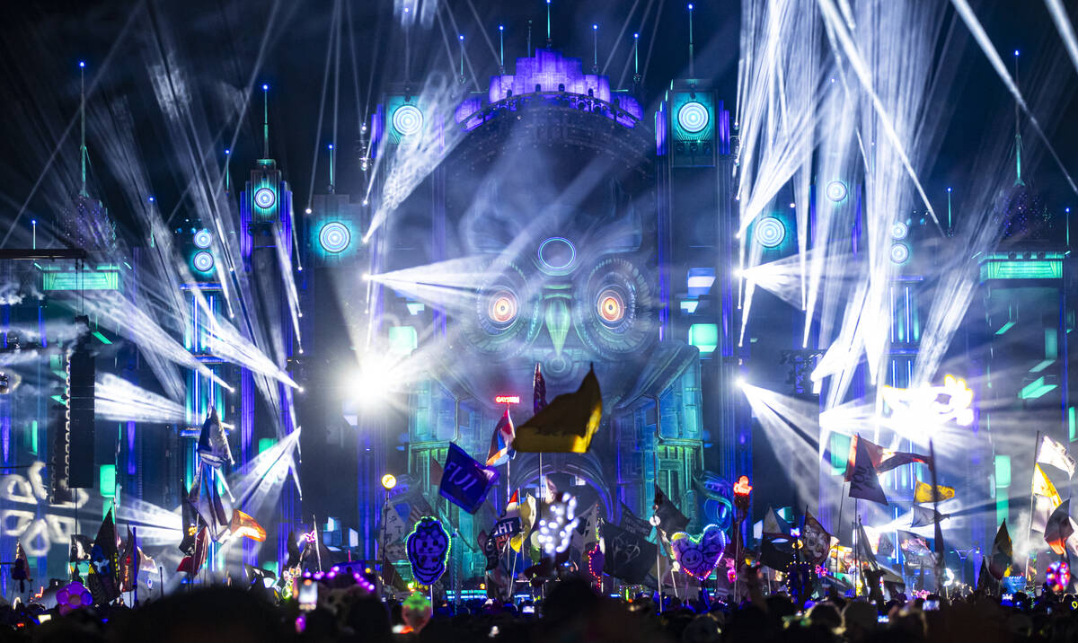 Lights shine from the Kinetic Field stage during the final night of the Electric Daisy Carnival ...