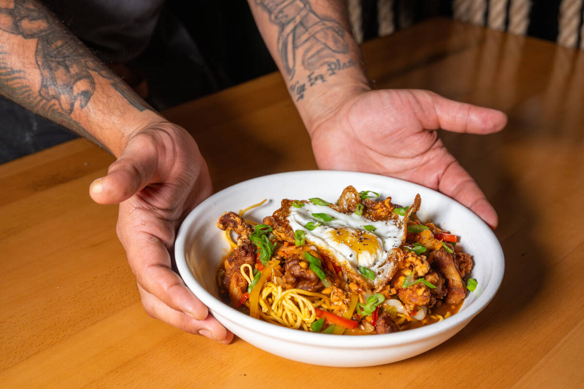 American Chop Suey: Sambal chicken, crispy noodles, tomato-garlic sauce, carrots, cabbage, bell ...