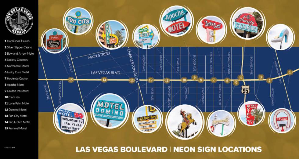 A map of all refurbished sign locations along Las Vegas Boulevard. (City of Las Vegas)