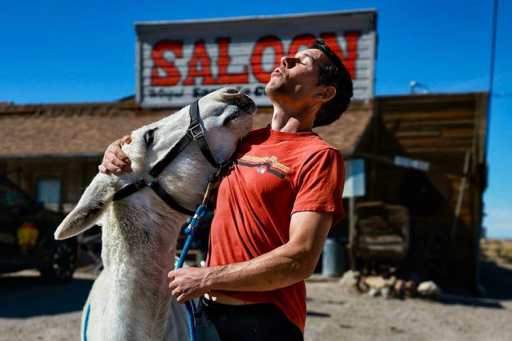 Alex Honnold meets a burro in Goldfield in a scene from “Get a Little Out There With Alex Hon ...