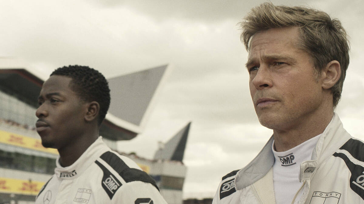 This image released by Apple TV+ shows Damson Idris as Joshua Pearce, left, and Brad Pitt as So ...
