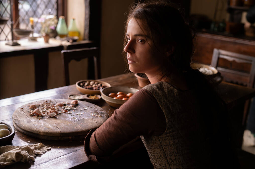 This image released by Focus Features shows Jessie Buckley in a scene from "Hamnet." ...