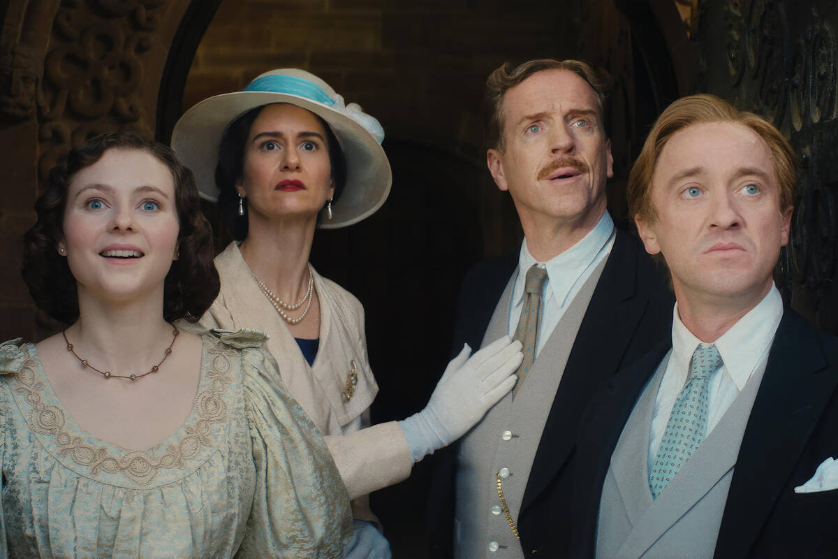 Thomasin McKenzie, Katherine Waterston, Damian Lewis and Tom Felton, in "Fackham Hall.&quo ...