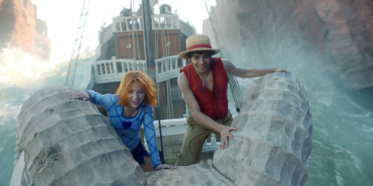 One Piece. (L to R) Emily Rudd as Nami, Iñaki Godoy as Monkey D. Luffy in season 2 of One Pie ...