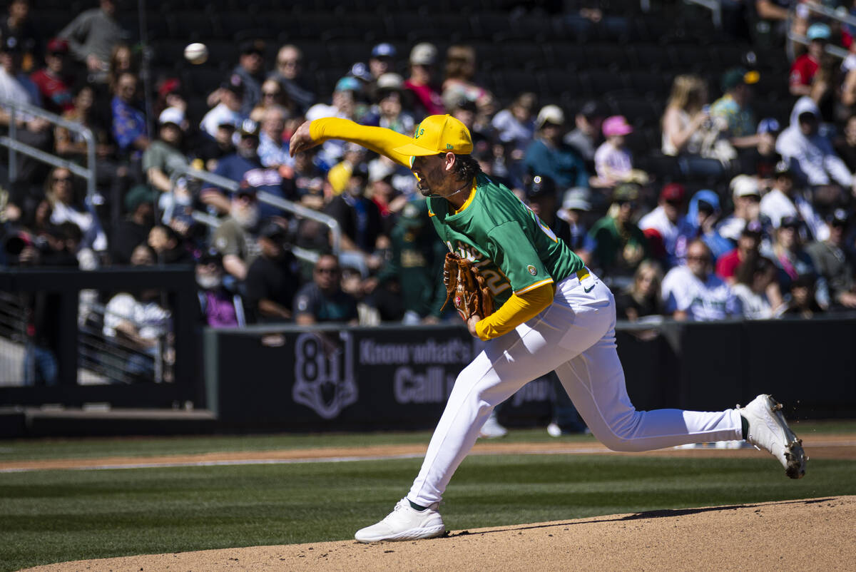 Athletics pitcher Mitch Spence (28) pitches to the Arizona Diamondbacks during a Big League Wee ...