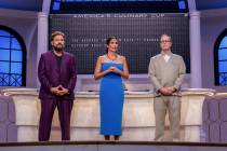 This image released by CBS shows, from left, Michael Cimarusti, Padma Lakshmi, and Wylie Dufres ...