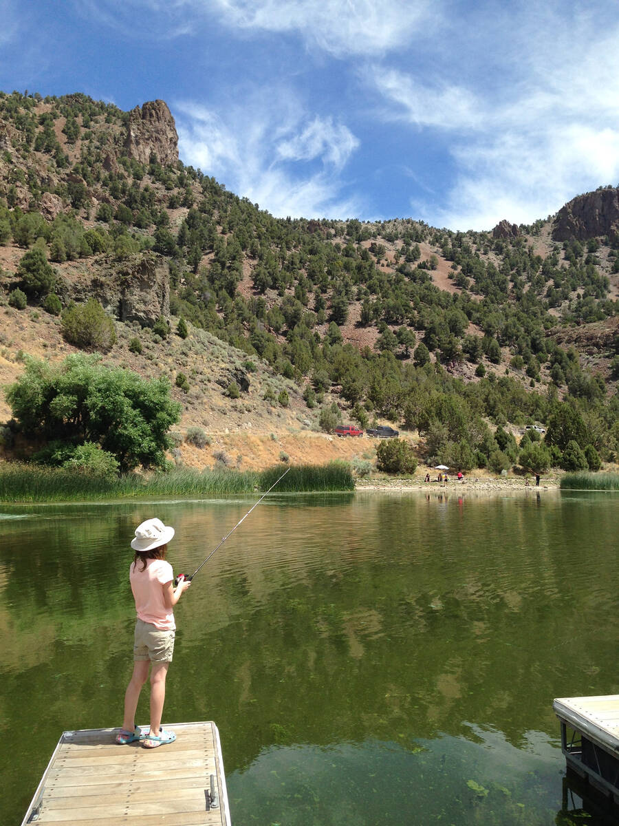 A girl fishes from the dock at Eagle Valley Reservoir in Spring Valley State Park, about 195 mi ...