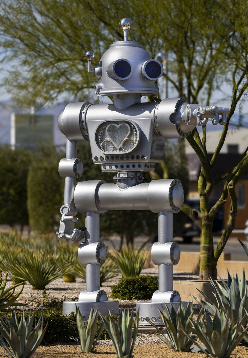 The Mechan 1000 by Tyler Fuqua Creations stands in a little garden outside of Zone 1 along the ...