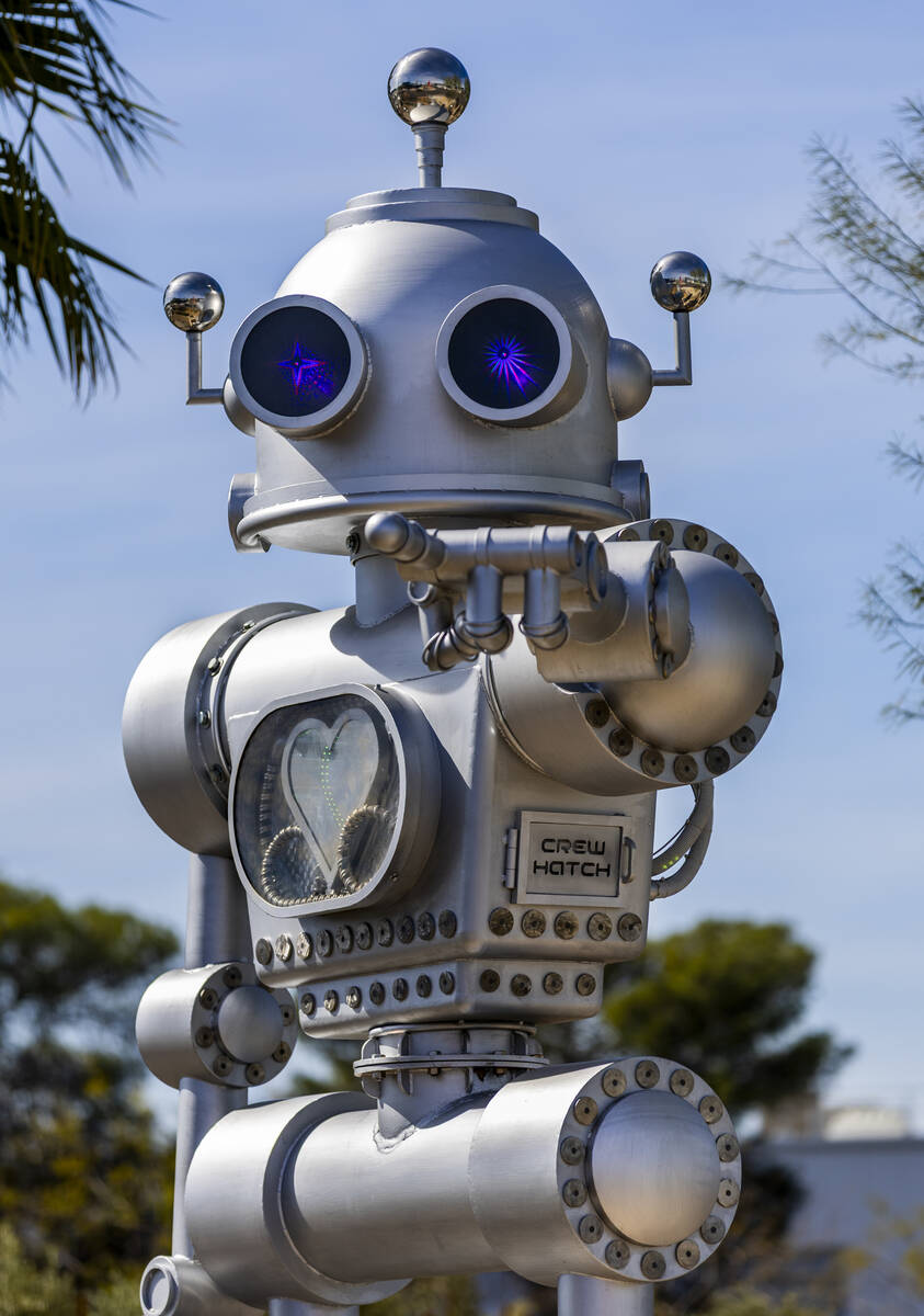 The Mechan 1000 by Tyler Fuqua Creations stands in a little garden outside of Zone 1 along the ...