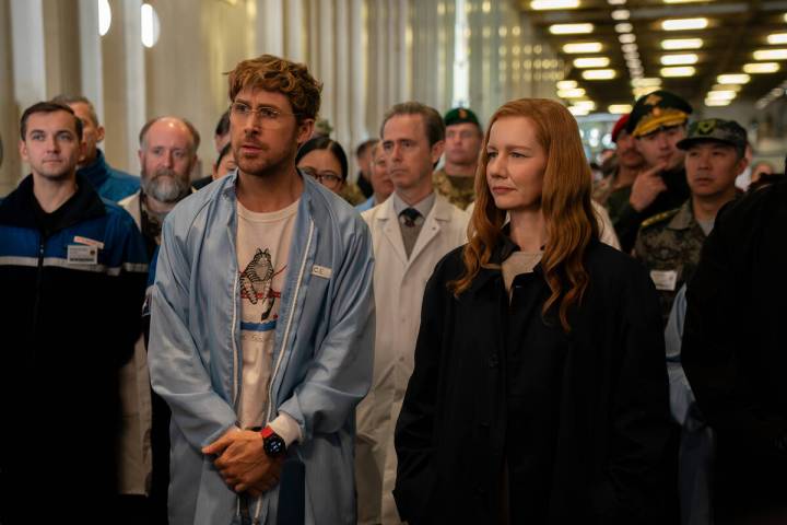This image released by Amazon MGM Studios shows Ryan Gosling, left, and and Sandra Hüller ...