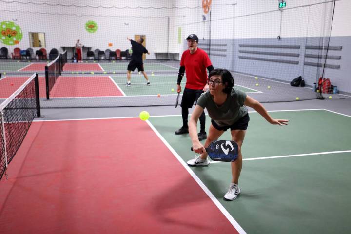 Laura Jaget, a senior pro player, competes with Ken Stone at Vegas Indoor Pickleball at 7575 W. ...