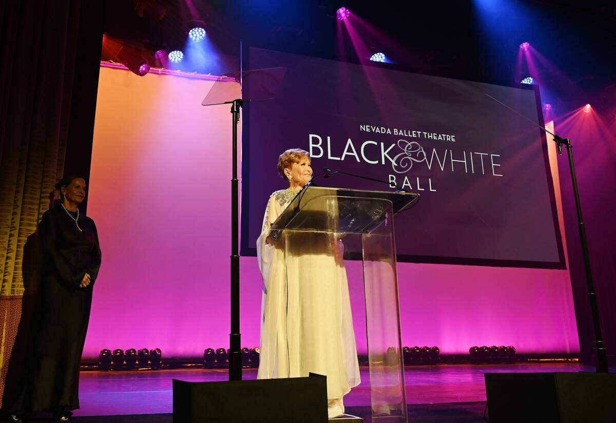 Nancy Houssels speaks at Nevada Ballet Theatre's Black and White Ball honoring Lisa Vanderpump ...