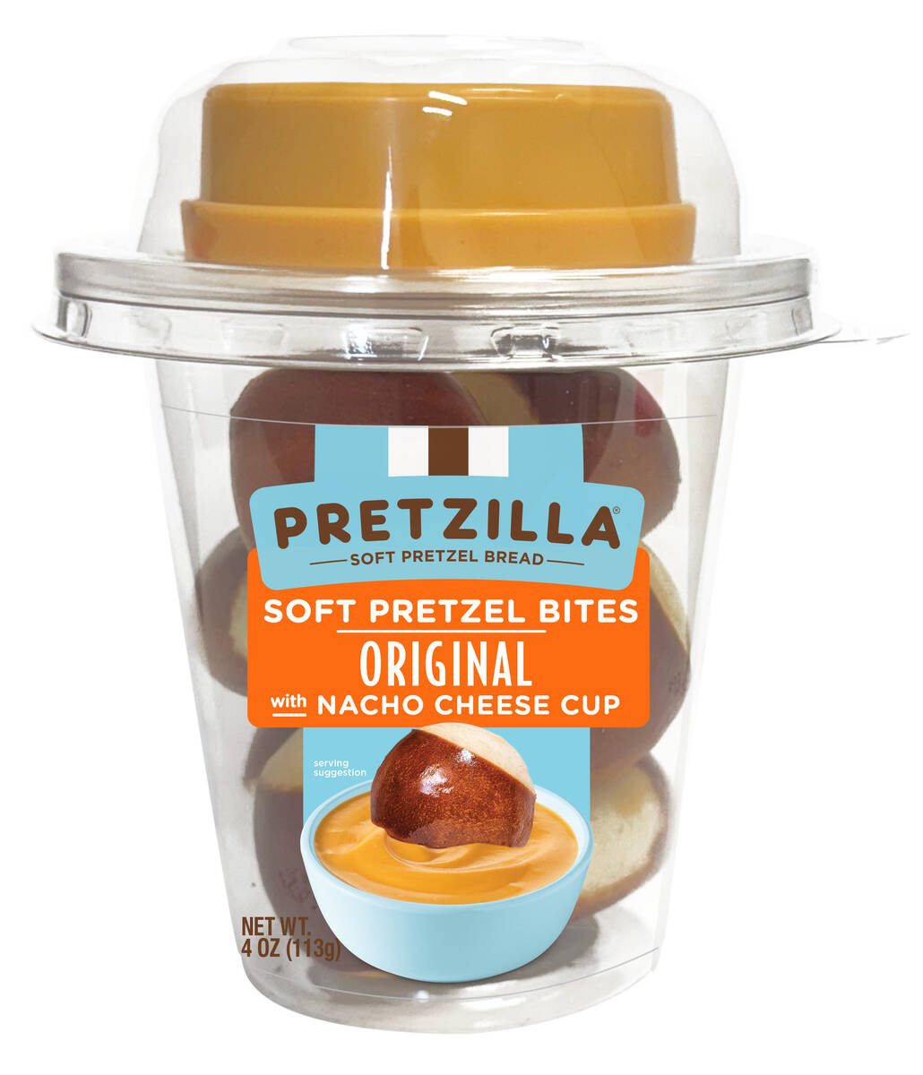 Pretzilla snack cups contain 4 ounces of bite-sized soft pretzels with nacho cheese dip or bite ...
