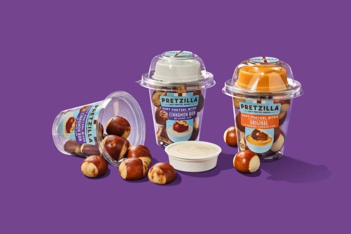 Pretzilla snack cups contain 4 ounces of bite-sized soft pretzels with nacho cheese dip or bite ...