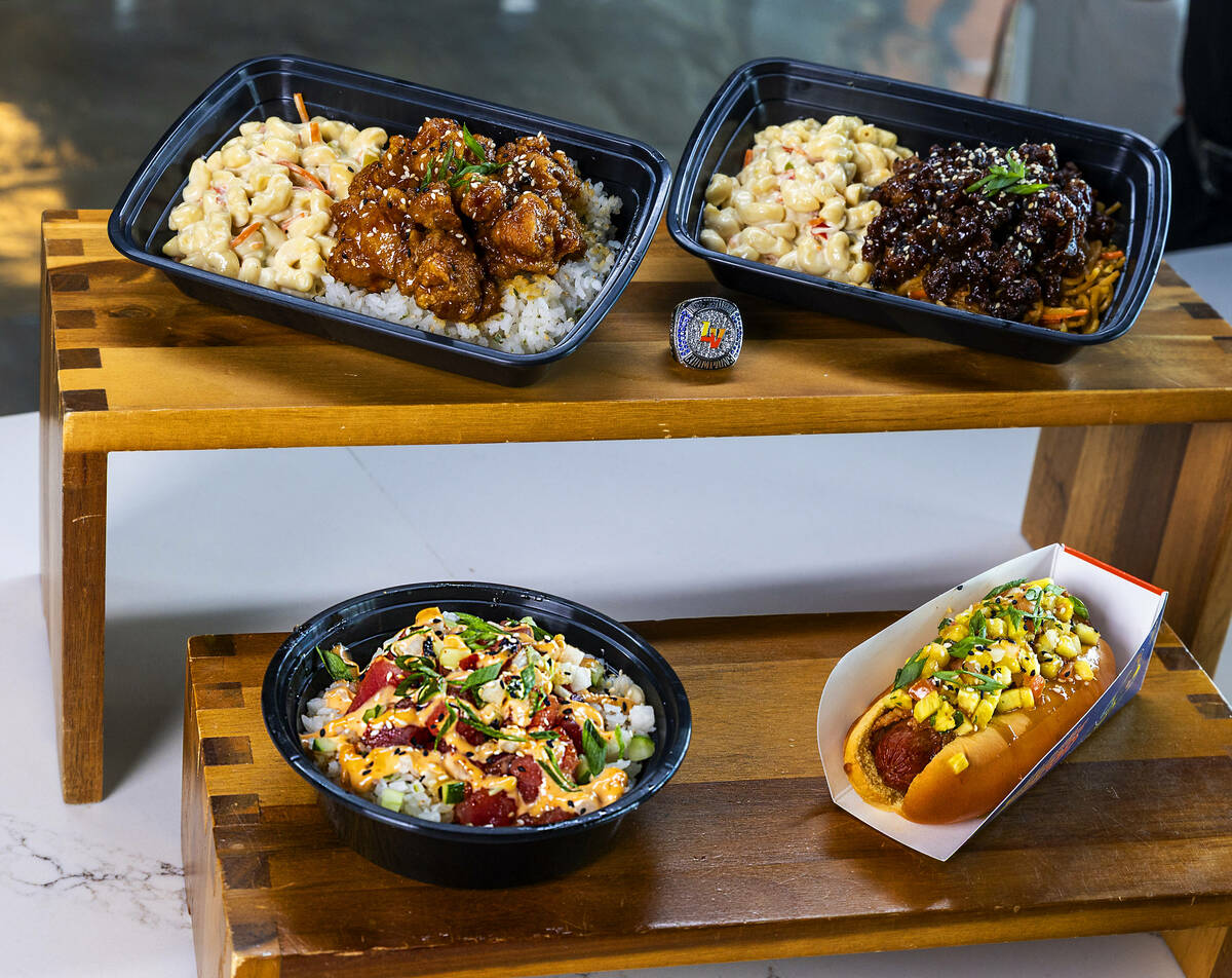 (Clockwise from bottom left) A tuna poke bowl, chicken teriyaki, teriyaki beef and a Spam musub ...