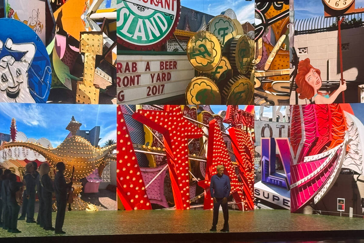 David Byrne shows off his Neon Museum photo exhibit during his "Who Is the Sky?" tour ...