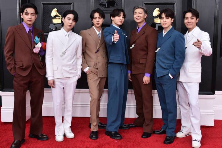 FILE - Korean group BTS appears at the 64th Annual Grammy Awards in Las Vegas on April 3, 2022. ...
