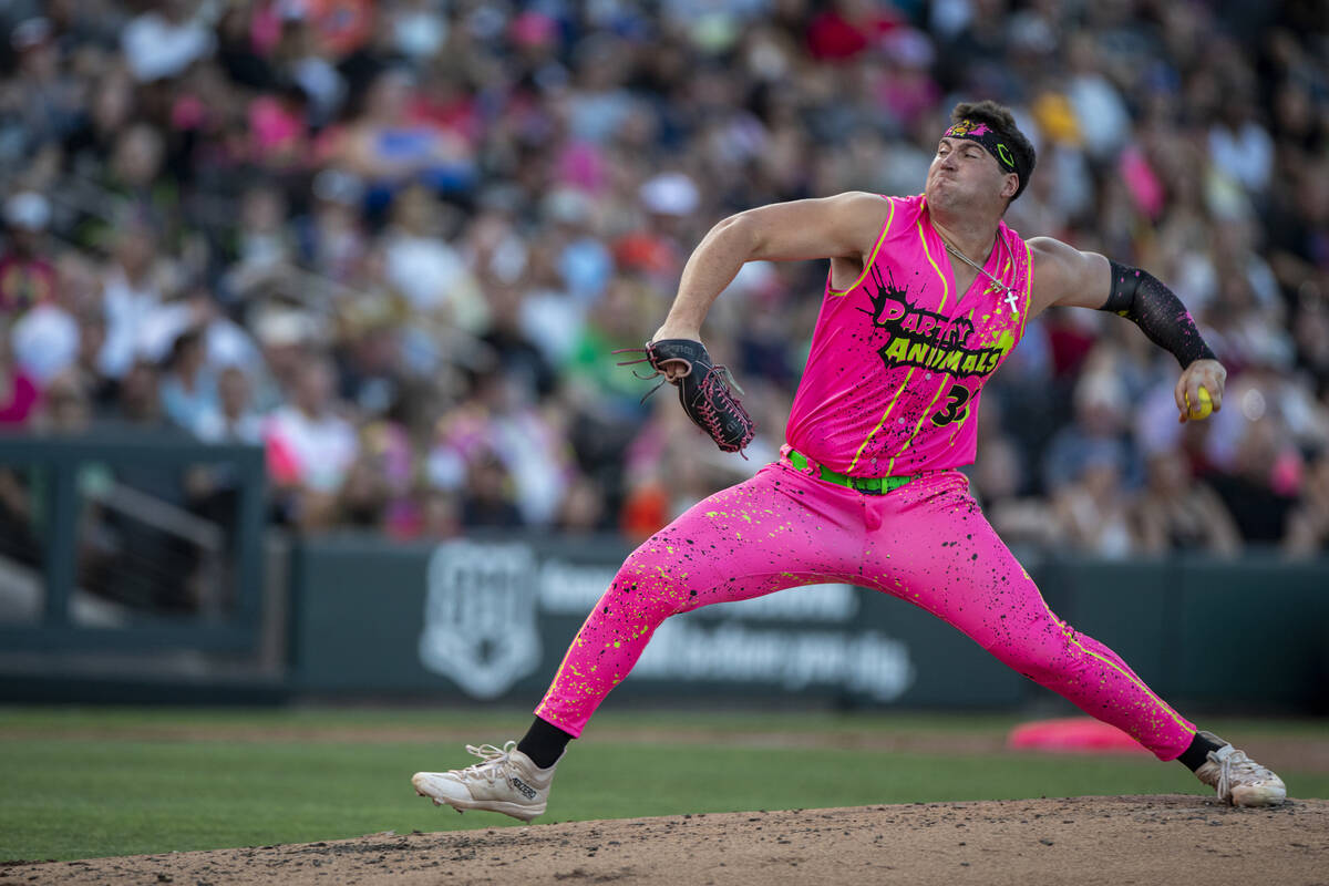 Party Animals’ Connor Higgins (33) pitches the ball during the game against the Firefigh ...