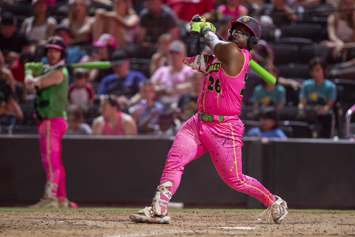 Party Animals’ Taj Porter (26) watches his ball fly foul during the game against the Fir ...