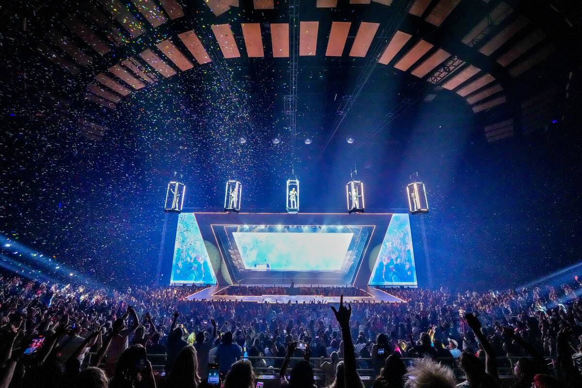 New Kids on the Block are shown at Dolby Live at Park MGM on Friday, June 20, 2025. (Brian Babi ...