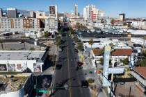 Ferguson Motel, right, on Fremont Street in Downtown Las Vegas is seen on Friday, Jan. 16, 2026 ...