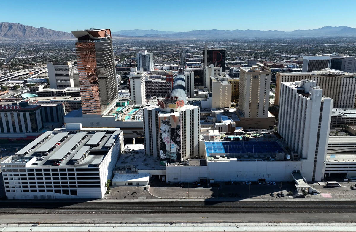 Hotel casinos in Downtown are seen on Friday, Oct. 31, 2025, in Las Vegas. (Bizuayehu Tesfaye/L ...