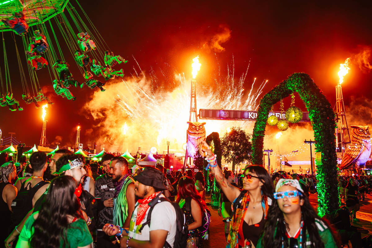 Fireworks go off during day two of Electric Daisy Carnival at Las Vegas Motor Speedway Saturday ...