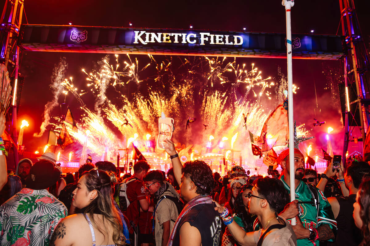Fireworks go off during day two of Electric Daisy Carnival at Las Vegas Motor Speedway Saturday ...