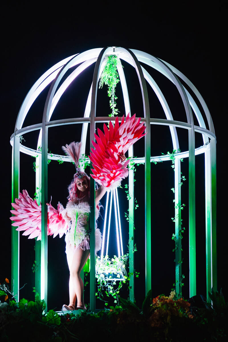 A performer poses from a bird cage during day two of Electric Daisy Carnival at Las Vegas Motor ...