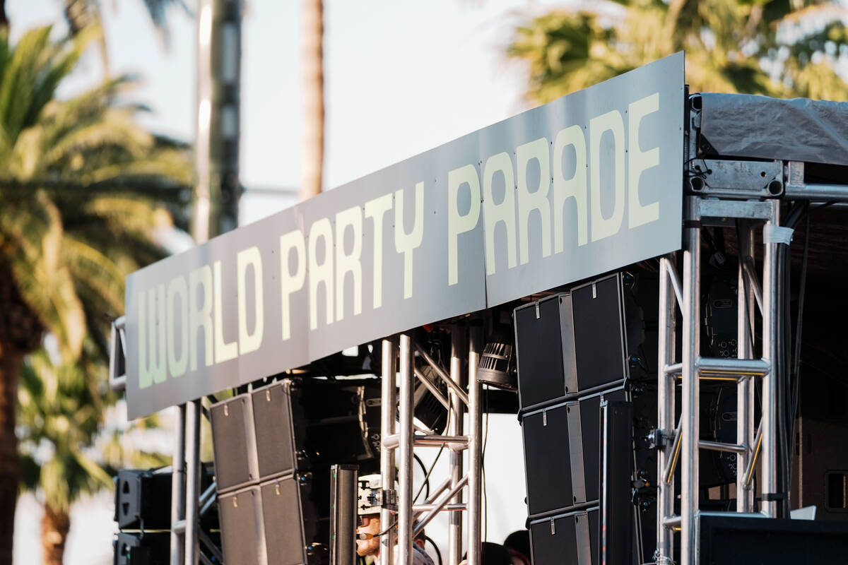 World Party Parade float filled with speakers goes down Las Vegas Blvd. during debut of an Elec ...