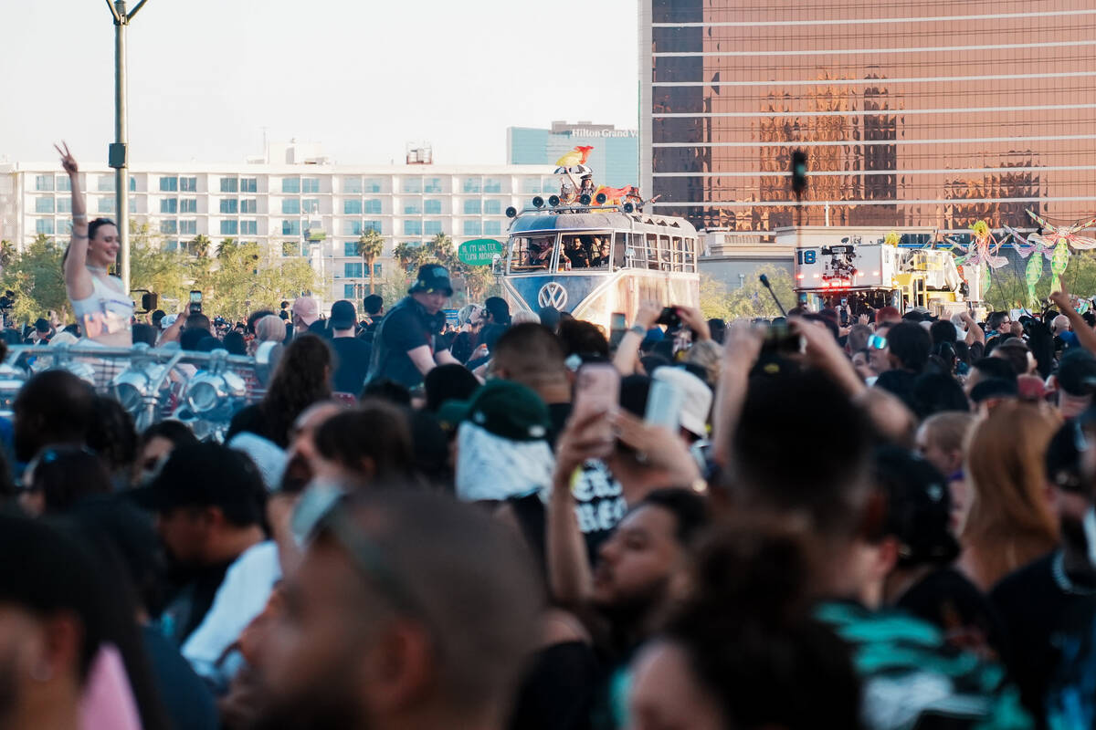 World Party Parade float comes down Las Vegas Boulevard during the debut of the Electric Daisy ...