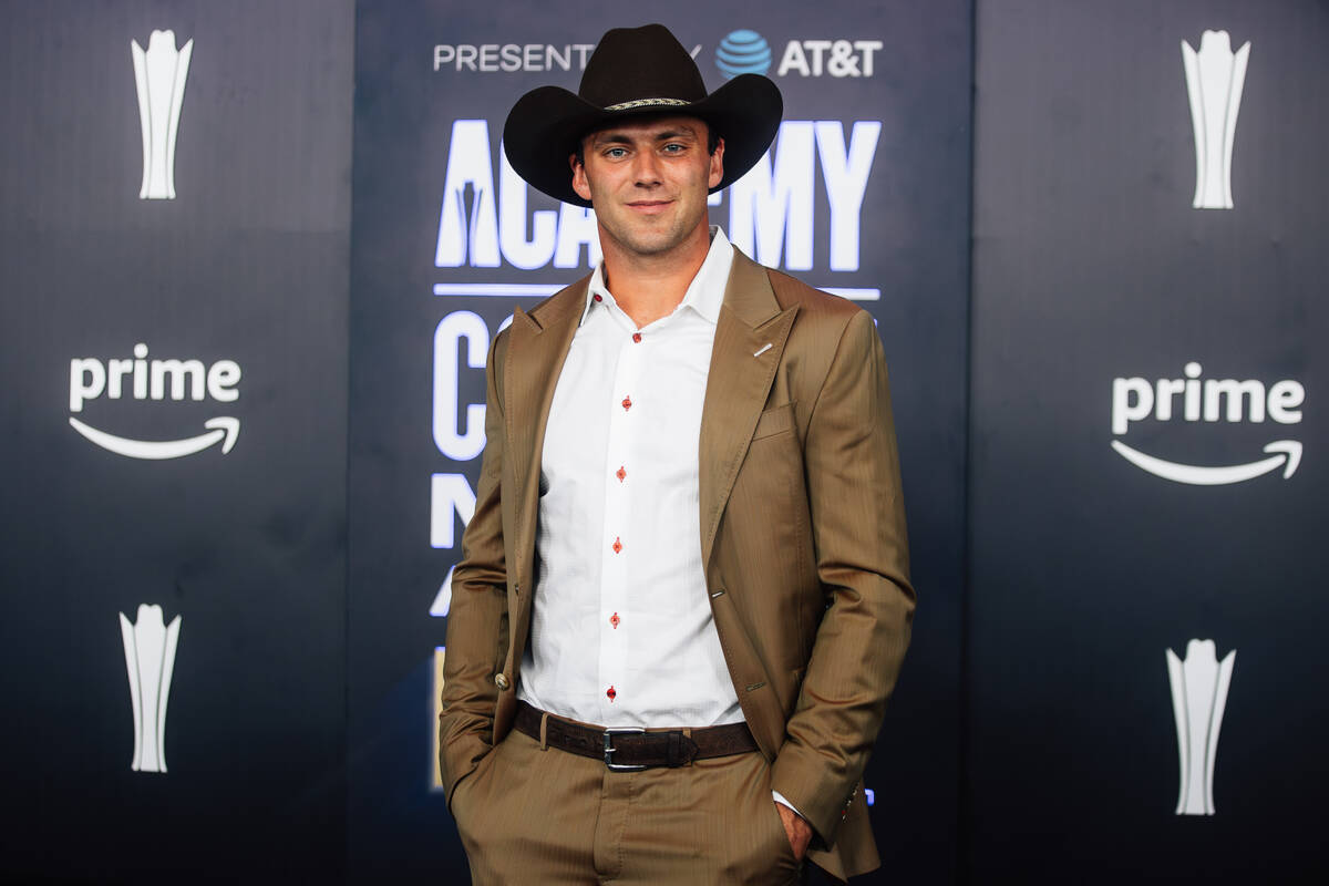 Raiders tight end Brock Bowers on the Academy of Country Music Awards red carpet at the MGM Gra ...