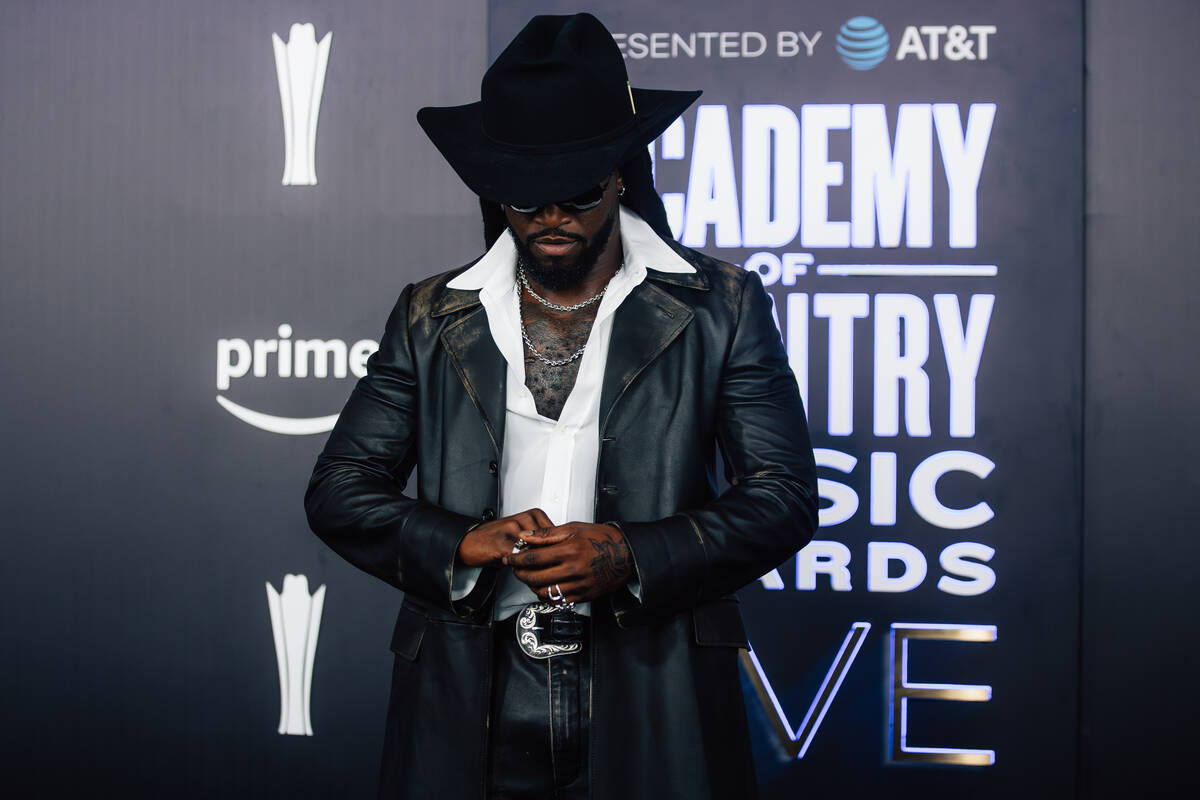 Shaboozey on the Academy of Country Music Awards red carpet at the MGM Grand Garden Arena Sunda ...