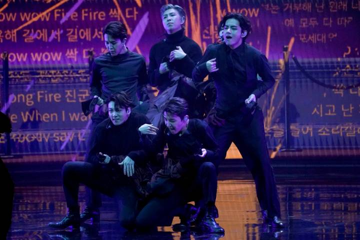 BTS performs "Butter" at the 64th Annual Grammy Awards on Sunday, April 3, 2022, in L ...