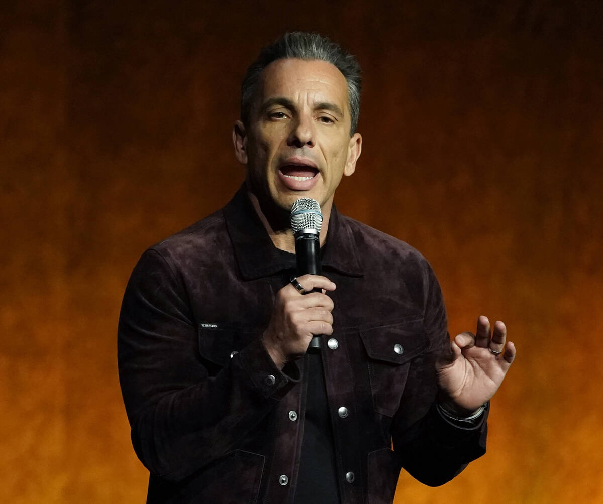Sebastian Maniscalco speaks from the stage during the Lionsgate presentation at CinemaCon 2022 ...