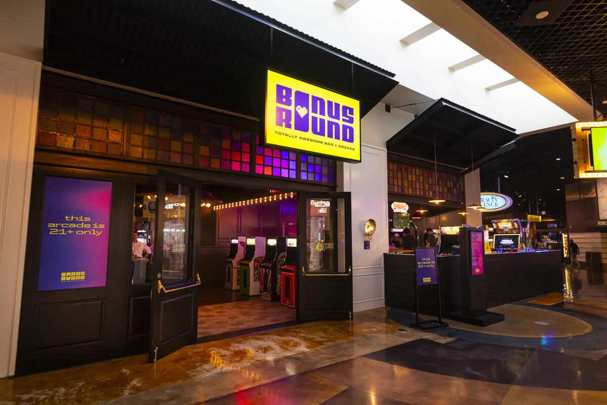 An exterior view of the Bonus Round arcade bar at The District at MGM Grand on Thursday, May 21 ...
