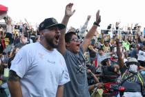 Fans celebrate the Golden Knights scoring during the Stanley Cup championship at the Water Stre ...
