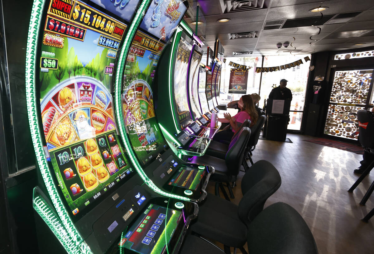 Customers gamble at Stage Door Casino Thursday, May 29, 2026, in Las Vegas. Stage Door Casino i ...