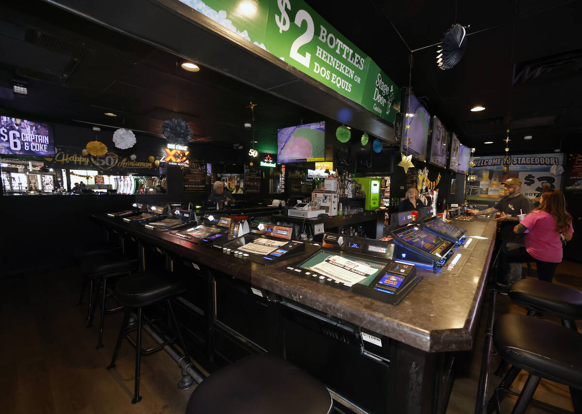 A bar at Stage Door Casino is seen Thursday, May 29, 2026, in Las Vegas. Stage Door Casino is c ...