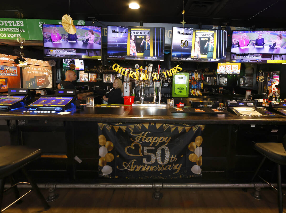 A bar at Stage Door Casino is seen Thursday, May 29, 2026, in Las Vegas. Stage Door Casino is c ...