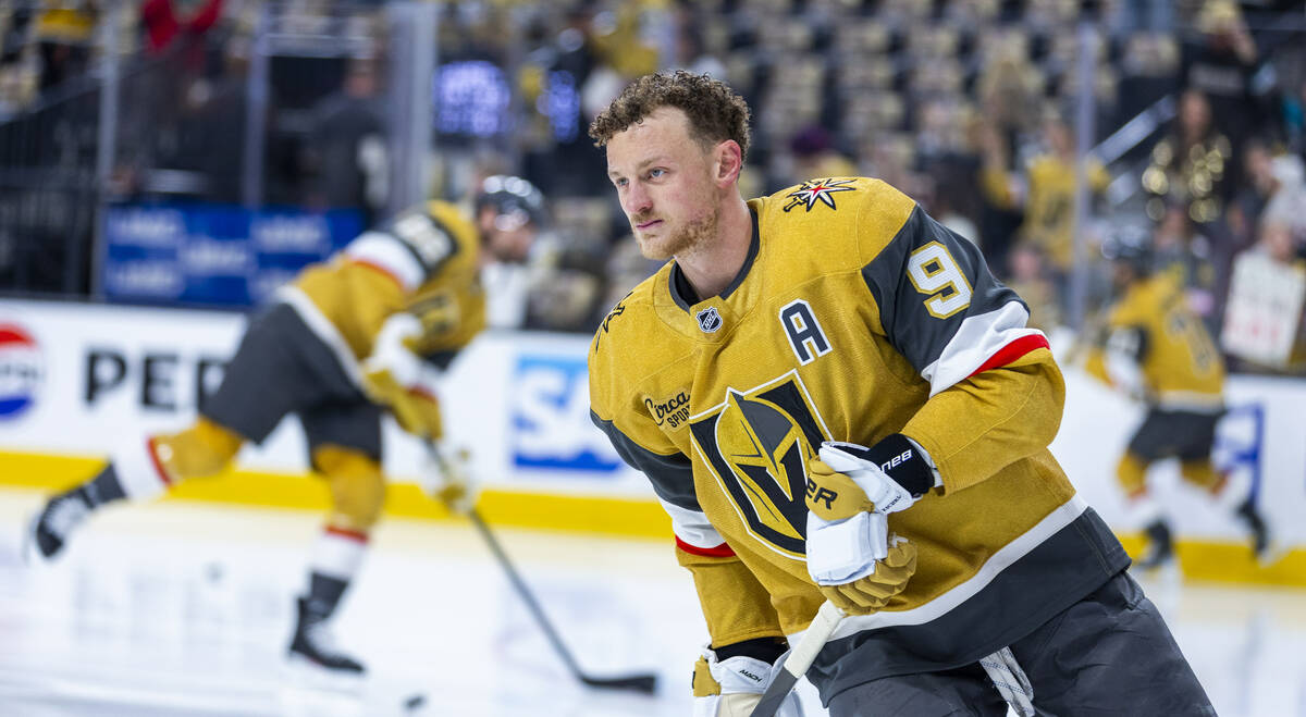Golden Knights center Jack Eichel (9) skates the ice during warm ups before the first period of ...