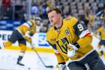 Golden Knights center Jack Eichel (9) skates the ice during warm ups before the first period of ...
