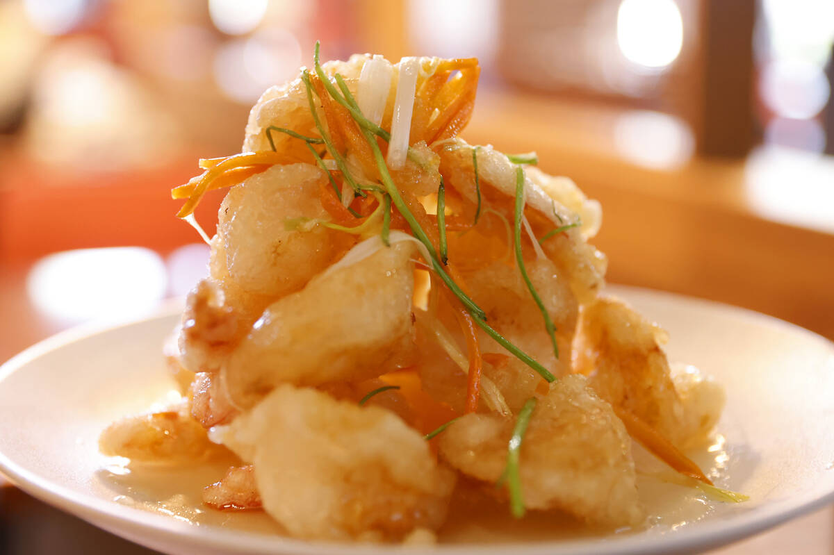 Deep fried jumbo shrimp in a special sauce is displayed at China Mama on Friday, June 5, 2026, ...