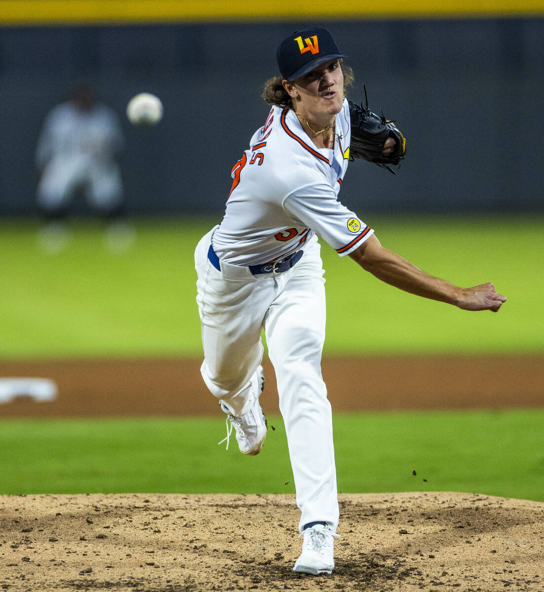 Aviators pitcher Kade Morris (50) releases another throw to a Tacoma Rainiers batter during Gam ...