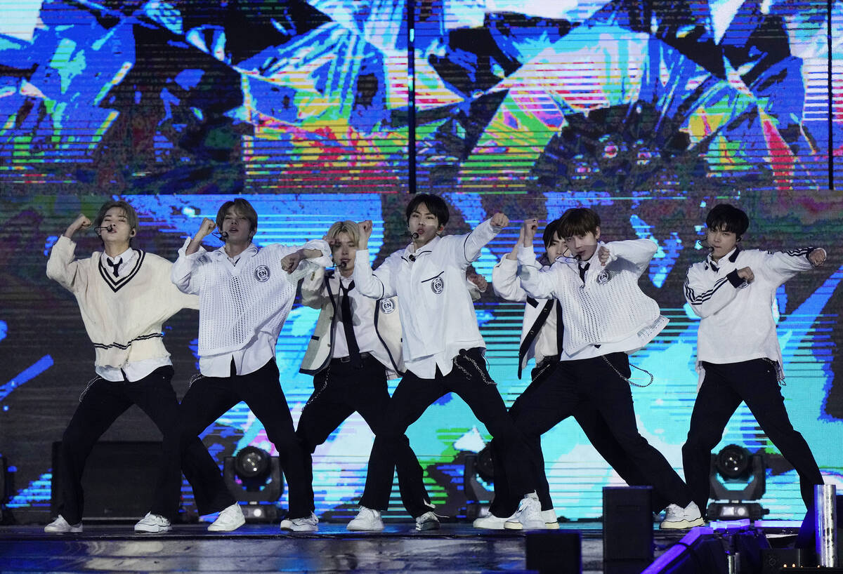 K-pop group ENHYPEN perform during a K-Pop concert as part of Seoul Festa 2023 at Jamsil Sports ...