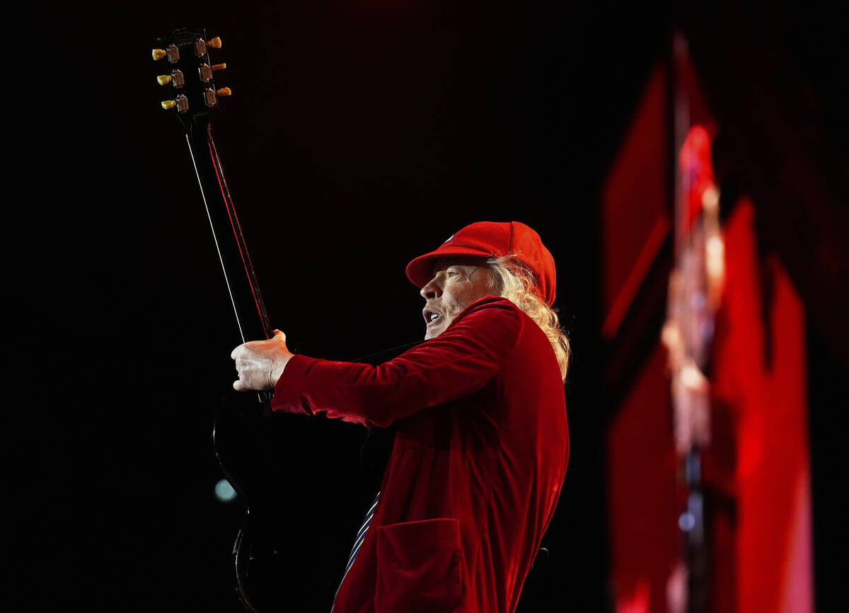 Angus Young of AC/DC performs on Friday, April 18, 2025, at Rose Bowl Stadium in Pasadena, Cali ...
