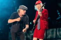 Brian Johnson, left, and Angus Young of AC/DC perform on Friday, April 18, 2025, at Rose Bowl S ...