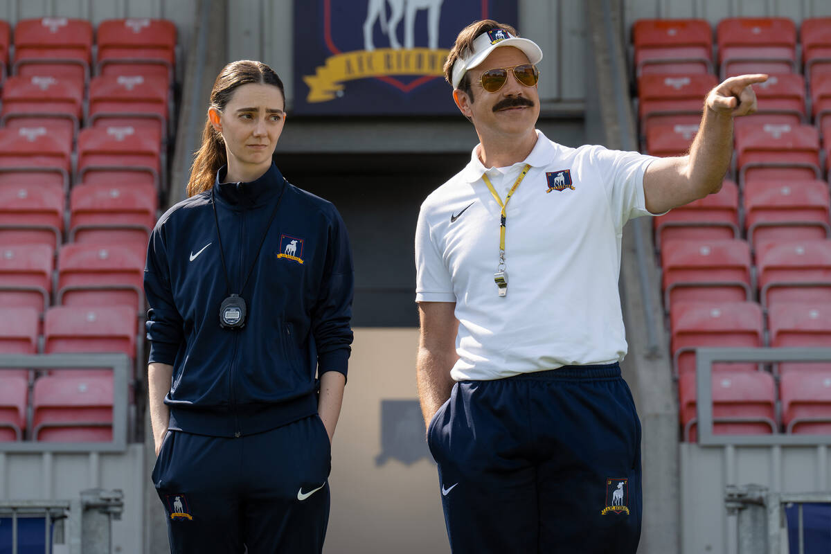 Tanya Reynolds and Jason Sudeikis in "Ted Lasso," premiering August 5, 2026 on Apple ...